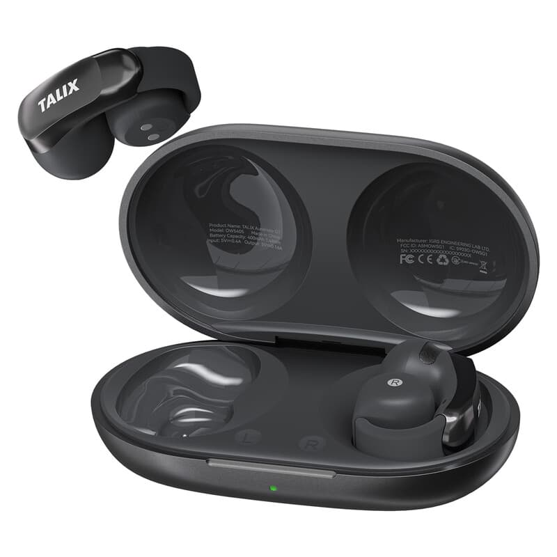 TALIX ultralichte clip-on draadloze oordopjes, heldere oproepen met 4 microfoons, 28 u batterij, snelladen, Bluetooth 5.3, IPX4 waterbestendig, siliconen oorhaak, G1, Zwart — afbeelding 1