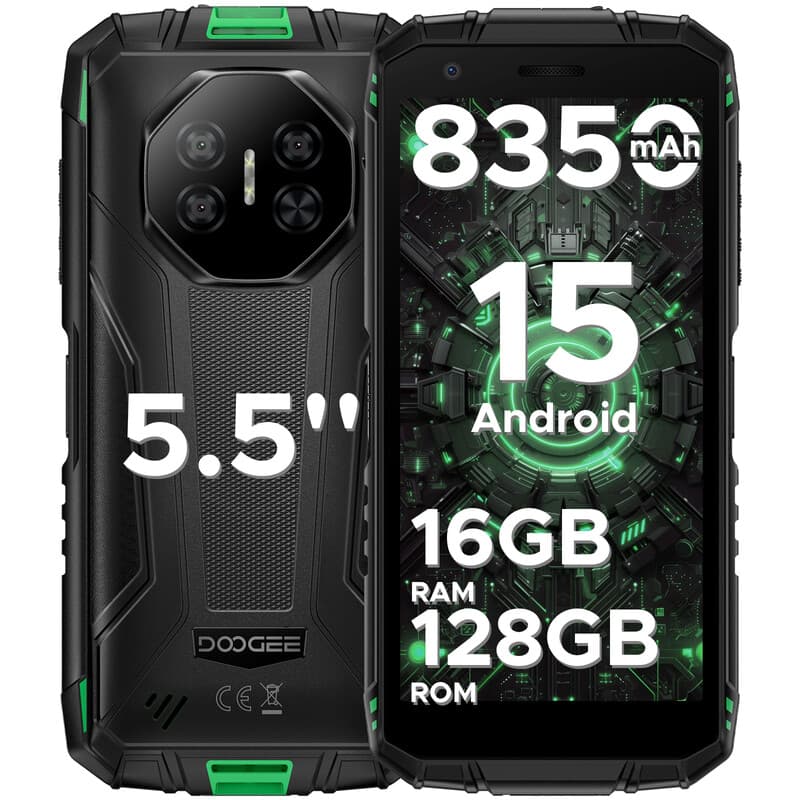 DOOGEE Fire 3 Pro Android 15 AI robuuste smartphone, 16 GB RAM + 128 GB opslag/2 TB, octa-core, 8350 mAh/18 W, 5,5 inch HD+ IPS, 4G dual sim, 16 MP, Widevine L1, 3,5 mm jack, gezichtsidentificatie, OTG, NFC — afbeelding 1