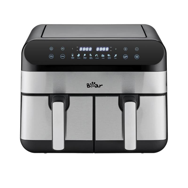 Bear heteluchtfriteuse met dubbele kamer – 9,0 L grote capaciteit, 2400 W vermogen, onafhankelijke temperatuurregeling voor twee mandjes, digitaal aanraakscherm, 8 vooraf ingestelde programma's voor friet, kip, steak, groenten, keukenapparaat voor het gez — afbeelding 1