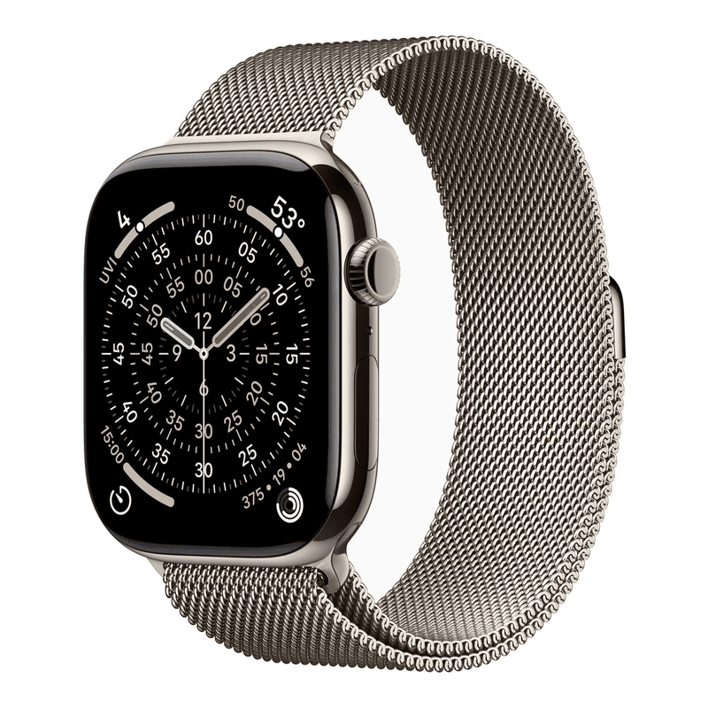 Apple Watch Series 11 GPS + mobiel 46 mm natuurlijk titanium kast met natuurlijke Milanese band - S/M — afbeelding 1