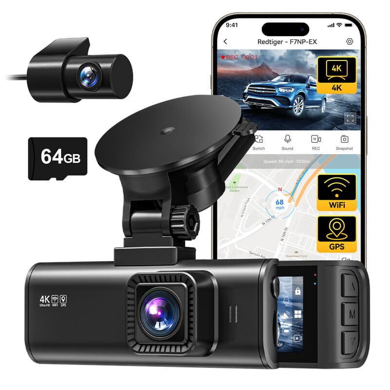 REDTIGER F7NP-EX 4K dashcam voor en achter, ingebouwde wifi & GPS, HD-dashcamera, WDR, nachtzicht, 64GB-kaart, GPS, 5,8 GHz wifi - Zwart — afbeelding 1
