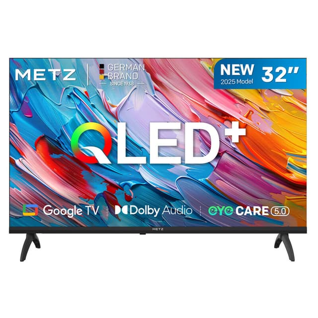 METZ 32-inch (81 cm) 2025 QLED Smart TV HD Google TV, 32MQF7000Z, 93% DCI-P3 breed kleurengamma, HDR10 & HLG, nieuwste Google TV OS, Eye Care (laag blauw licht), Dolby Audio