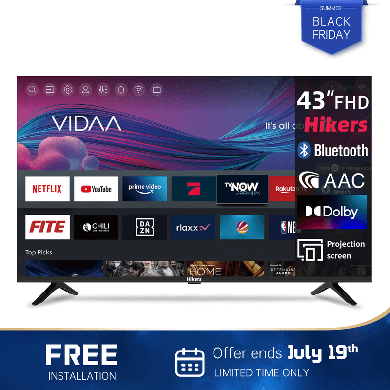 Hikers Smart TV 43 Inch (108 cm) FHD WiFi VIDAA Randloze TV met Drievoudige Tuner (DVB-C/S2/T2), Molotov, Netflix, Prime Video, Disney+, YouTube — afbeelding 1