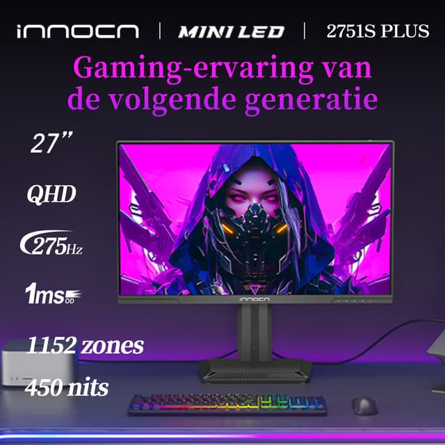 INNOCN 27-inch Mini LED gaming monitor, 1152 zones, QHD 2K, 275Hz 1ms, IPS-scherm, 99% Adobe RGB (1931) & 99% sRGB, helderheid 450, FreeSync, HDMI/DP, ingebouwde luidsprekers, hoogteverstelbaar, Zwart, 2751S PLUS