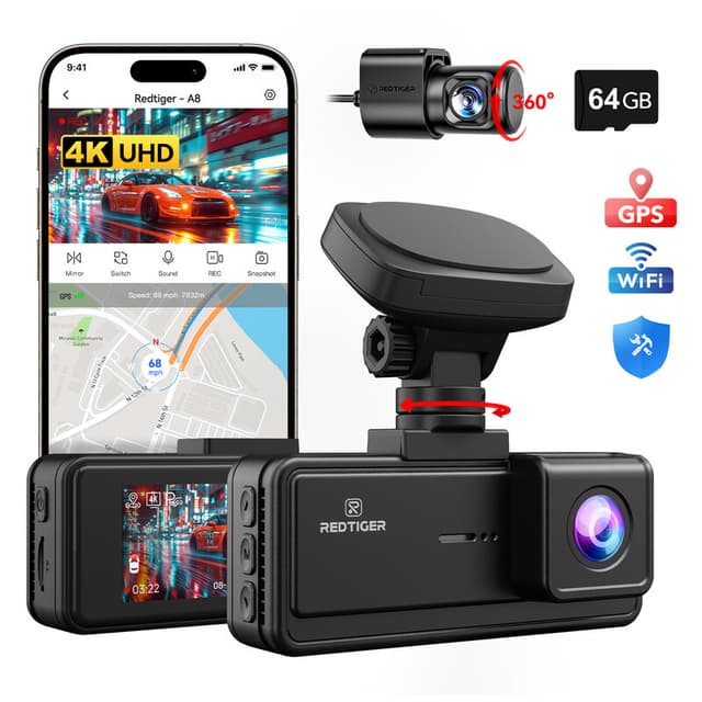 REDTIGER A8 4K dual dashcam voor en achter, 3,18-inch IPS-touchscreen, ingebouwde 5,8 GHz wifi, GPS-car-DVR, nachtzicht