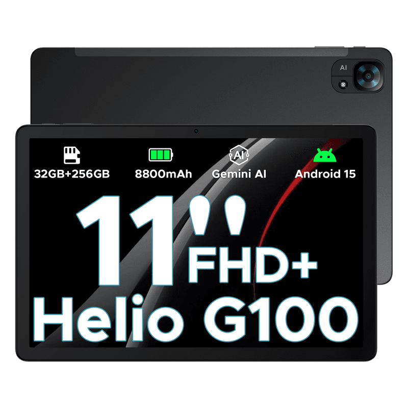 DOOGEE Tab E3 Android 15 AI-tablet, 32 GB + 256 GB/2 TB, 11 inch FHD+ en 90 Hz, Helio G100 (Gemini) AI-gamingtablet, 8800 mAh-batterij, 7,5 mm ultraslanke metalen behuizing, dual-SIM-sleuven, 5G, Wi-Fi, GPS, Bluetooth 5.2, gezichts-id, zwart — afbeelding 1