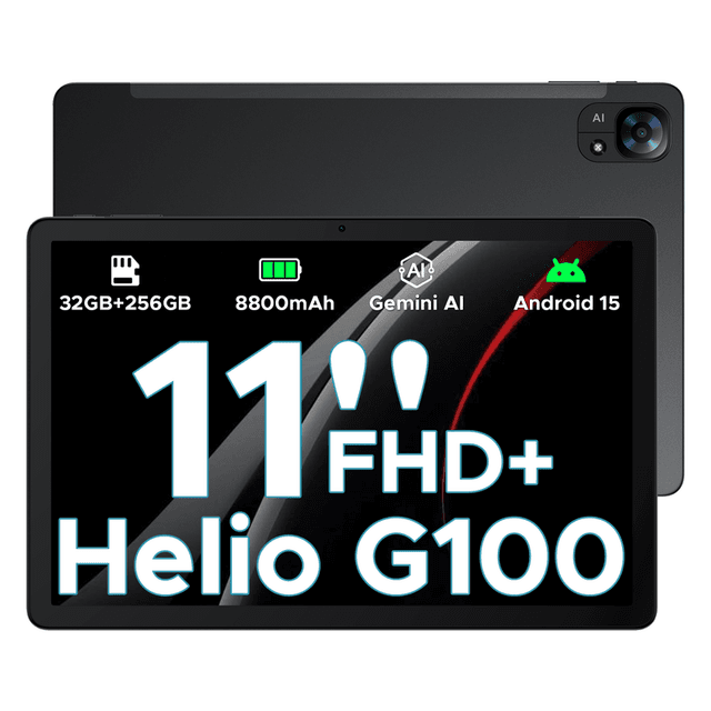 DOOGEE Tab E3 Android 15 AI-tablet, 32 GB + 256 GB/2 TB, 11 inch FHD+ en 90 Hz, Helio G100 (Gemini) AI-gamingtablet, 8800 mAh-batterij, 7,5 mm ultraslanke metalen behuizing, dual-SIM-sleuven, 5G, Wi-Fi, GPS, Bluetooth 5.2, gezichts-id, zwart