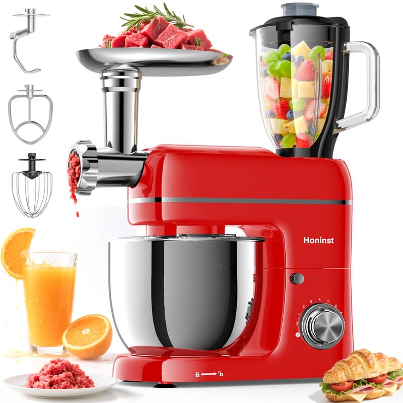 Honinst 7-in-1 Multifunctionele Staande Mixer, 6,5 QT 8-Snelheden Kantelkop Keukenmixer, Elektrische Voedingsmixer met Vleesmolen, Juicer Blender, Deeghaak, Mixer, Garde en Kom voor de Meeste ThuisKoks — afbeelding 1