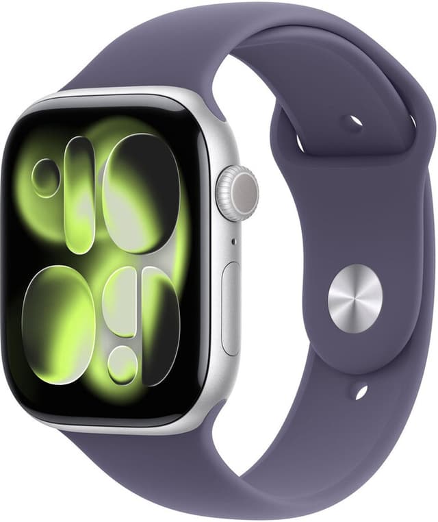 Apple Watch Series 11 GPS 46 mm zilver aluminium kast met Purple Fog sportband - M/L