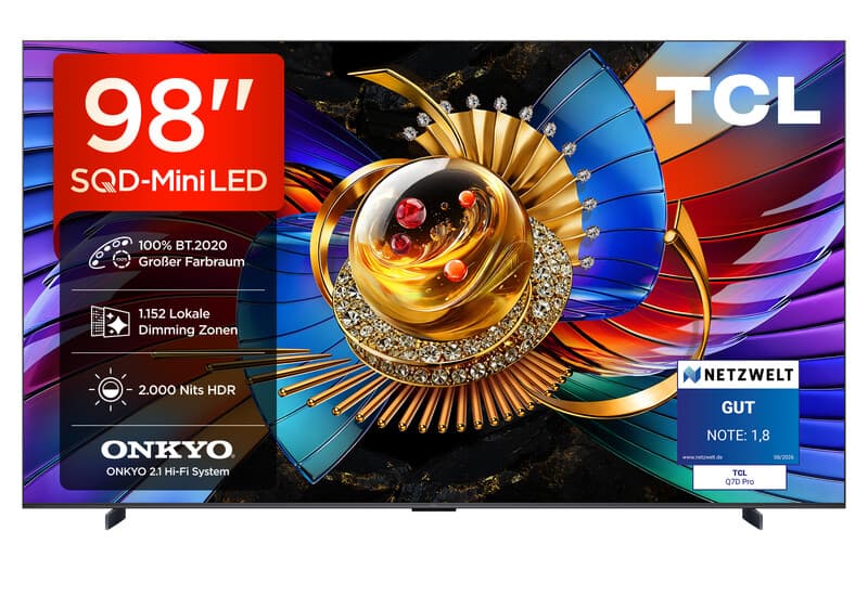 TCL 98Q7D PRO 98” SQD-Mini LED tv, 4K HDR 2000 nits, 1152 dimzones, Google TV, Dolby Vision IQ & Atmos, 2.1 Onkyo, 144 Hz, Apple AirPlay 2 & Alexa — afbeelding 1