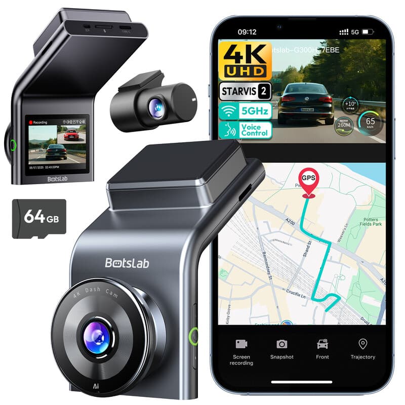 BOTSLAB G300H Plus 4K Dashcam Auto Voor en Achter met STARVIS 2-sensor | WDR Dual Channel Autocamera met 64GB SD-kaart, Spraakbesturing, 5GHz Wi-Fi, GPS, Super Nachtzicht — afbeelding 1