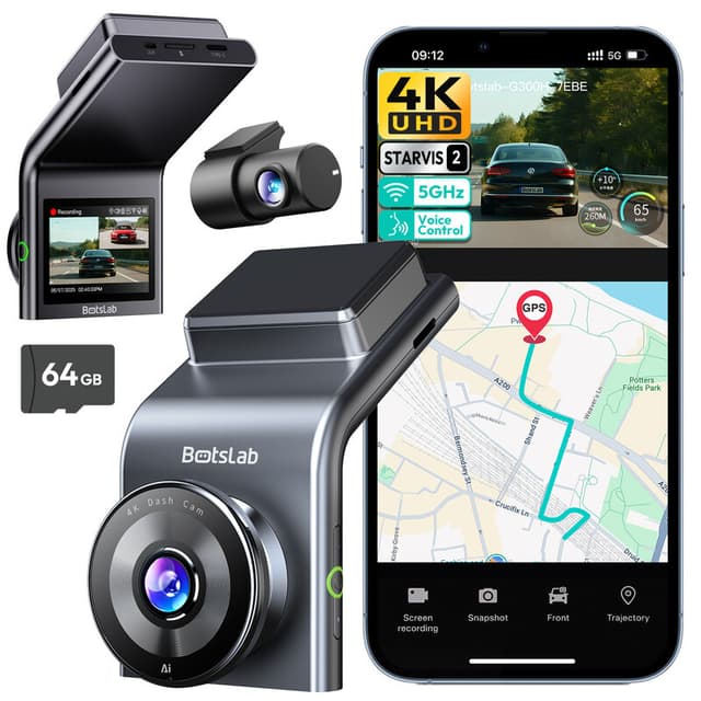 BOTSLAB G300H Plus 4K Dashcam Auto Voor en Achter met STARVIS 2-sensor | WDR Dual Channel Autocamera met 64GB SD-kaart, Spraakbesturing, 5GHz Wi-Fi, GPS, Super Nachtzicht