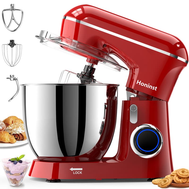 Honinst Staande Mixer, 6,5QT 10-Snelheids Kantelkop Elektrische Staande Mixer, 3-in-1 Keukenmixer met Kom, Deeghaak, Garde en Klopper, Voedingsmixer voor Bakken, Taart en de meeste Thuiskoks — afbeelding 1