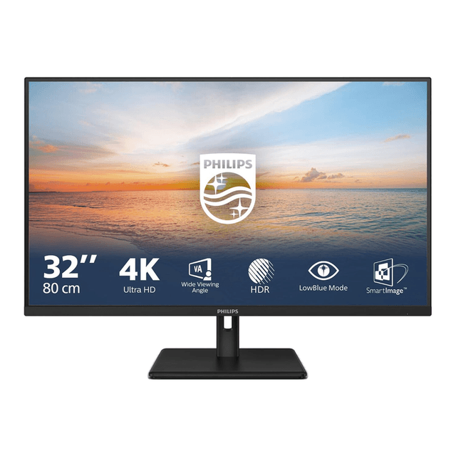 Philips | 32E1N1800LA | 32 inch | VA | 4K UHD (2160p) 3840 x 2160 bij 60 Hz | 300 cd/m² | 2x HDMI, DisplayPort | Kantelbaar | Luidspreker(s)
