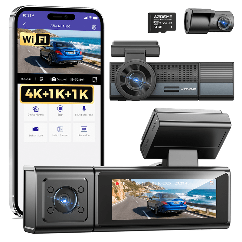 AZDOME M500-3CH 3-Kanal-Dashcam mit Dreifachobjektiv, WLAN, 4K+1K+1K, integrierter 64-GB-Speicherkarte, Nachtsicht und GPS-Tracker — afbeelding 1