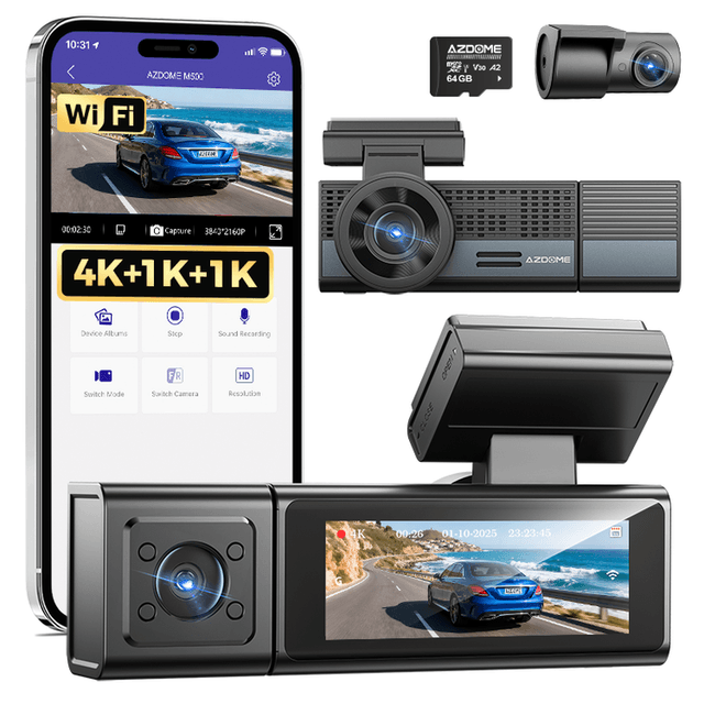 AZDOME M500-3CH 3-Kanal-Dashcam mit Dreifachobjektiv, WLAN, 4K+1K+1K, integrierter 64-GB-Speicherkarte, Nachtsicht und GPS-Tracker