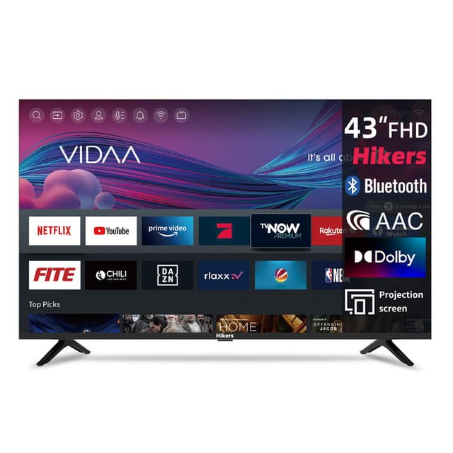 Hikers Smart TV 43 Inch (108 cm) FHD WiFi VIDAA Randloze TV met Drievoudige Tuner (DVB-C/S2/T2), Molotov, Netflix, Prime Video, Disney+, YouTube