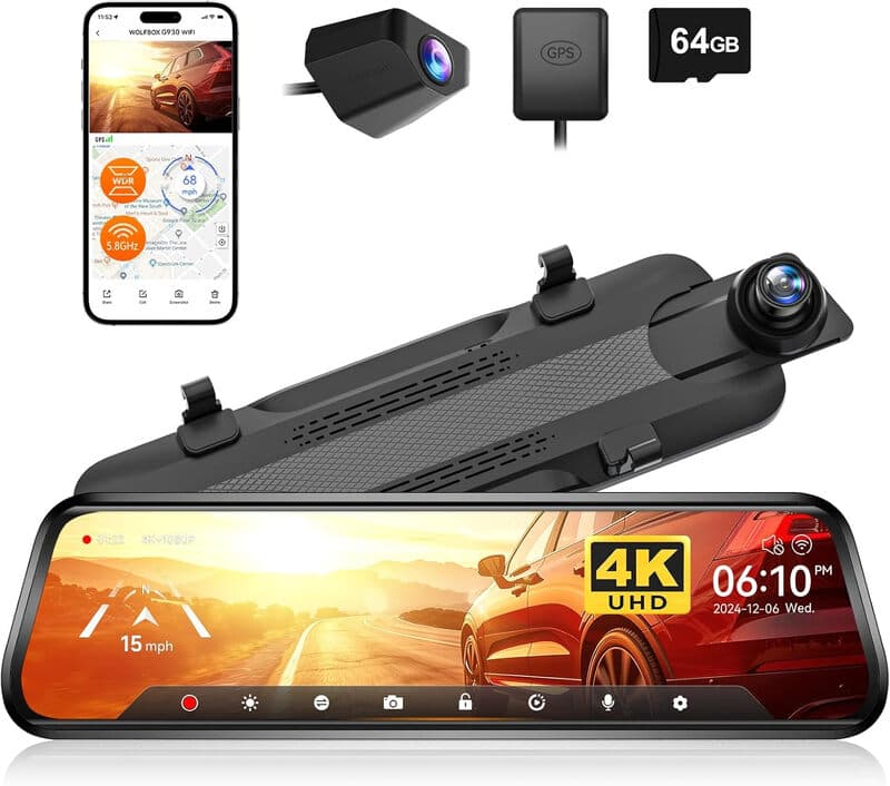WOLFBOX G930 10-inch achteruitkijkspiegelcamera met 5,8 GHz wifi, 4K dashcam voor en achter met WDR, touchscherm, achteruitkijkspiegelcamera, parkeermonitor, rijassistentie, inclusief 64 GB geheugenkaart & GPS — afbeelding 1