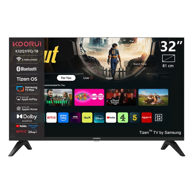 KOORUI K32Q1FFQ-T8 32 inch Full HD QLED smart tv met Tizen OS, compact frameloos ontwerp, Dolby Audio, premium metalen afwerking, gemonteerd in Nederland