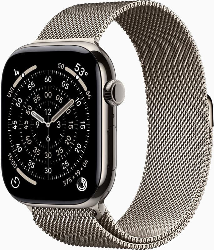 Apple Watch Series 11 GPS + mobiel 46 mm natuurlijk titanium kast met natuurlijke Milanese band - S/M — afbeelding 1