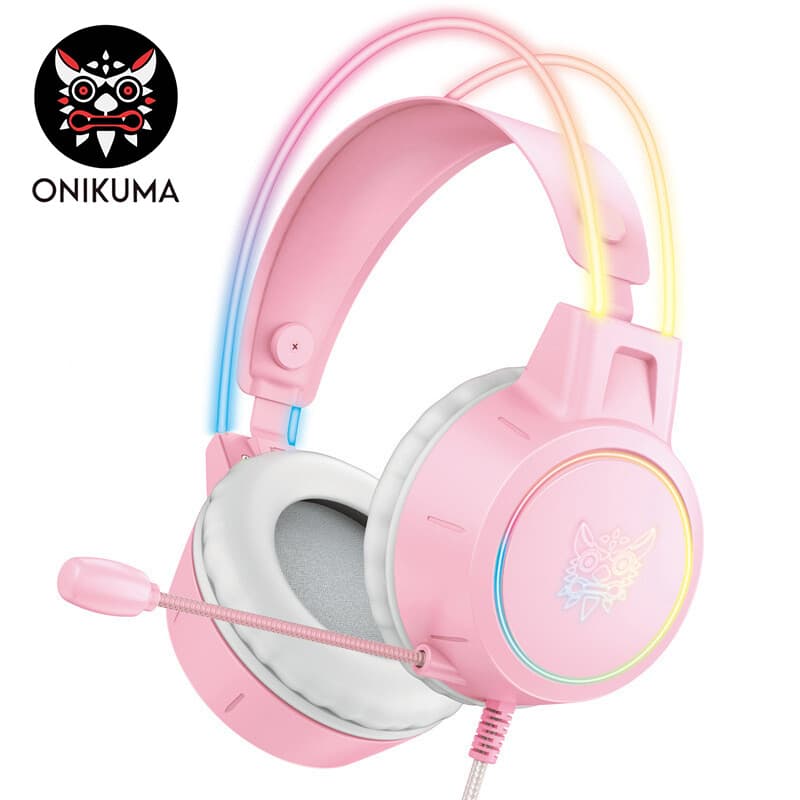 ONIKUMA X15PRO-Pink bedrade gamingkoptelefoon met RGB-verlichting, voor op het hoofd — afbeelding 1