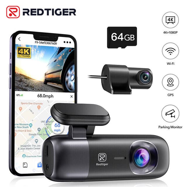 REDTIGER dashcam, 4K-voorcamera en 1080P-achtercamera, met wifi & GPS, app-bediening, nachtzicht, gratis 32GB-kaart