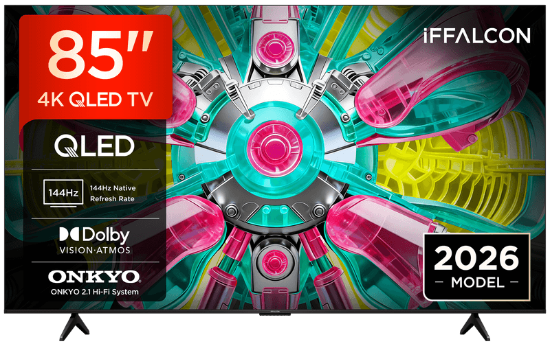 iFFALCON 85U75A 85" 4K QLED, HDR, Google TV, Dolby Vision, HDR10+ & Atmos, 144Hz VRR, FreeSync Premium, Onkyo 2.1-geluid, Game Master, spraakbesturing, Google Assistant, Google Cast, AirPlay 2 — afbeelding 1