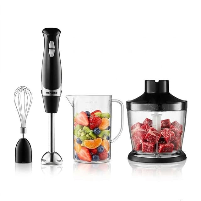 Ochama Staafmixer 600 W, 4-in-1 met Garde, Vleesmolen, 2 Snelheden, Klopt Eiwit en Slagroom, Babyvoeding, Soep, Purees, Afneembaar en Eenvoudig te Reinigen, 500 ml Hakbeker + 800 ml Maatbeker