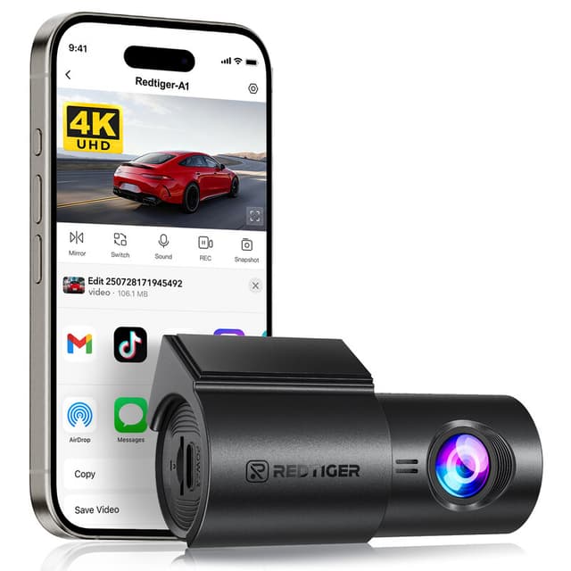 REDTIGER A1 4K Mini-dashcam met wifi & app-bediening, compacte auto-camera, super nachtzicht, G-sensor, 24-uurs parkeermodus, looprecording