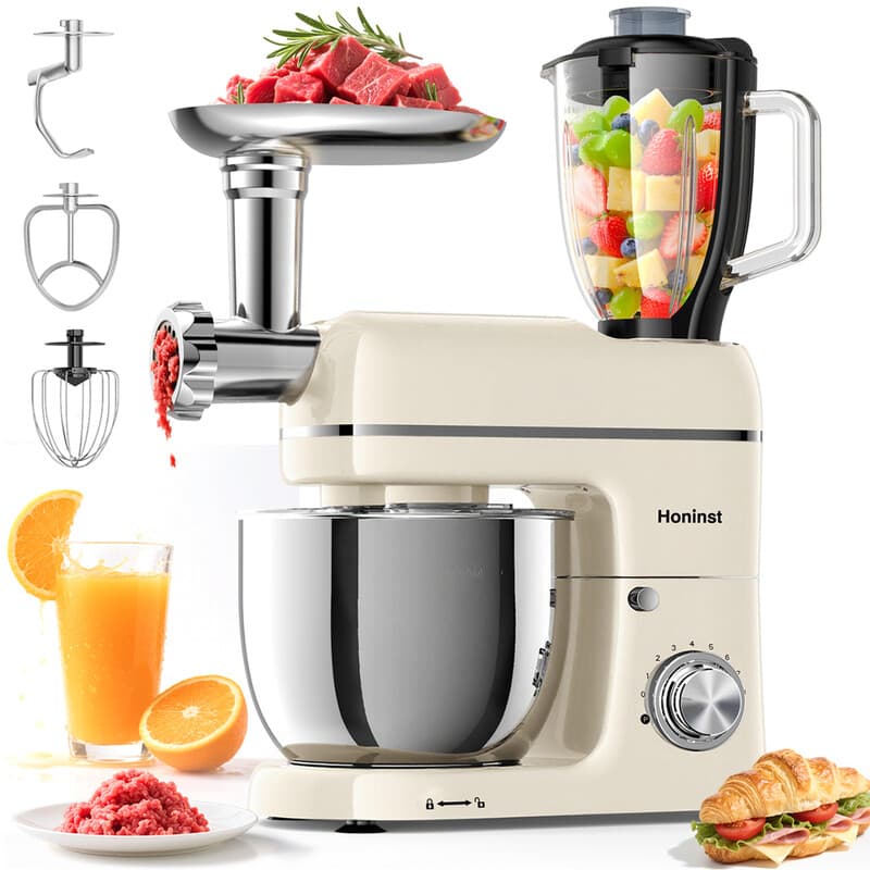 HONINST 7-in-1 multifunctionele staande mixer, 6,5 qt keukenmixer met 8 snelheden en kantelbare kop, elektrische keukenmixer met vleesmolen, sapblender, deeghaak, klopper, garde, kom voor de meeste thuiskoks — afbeelding 1