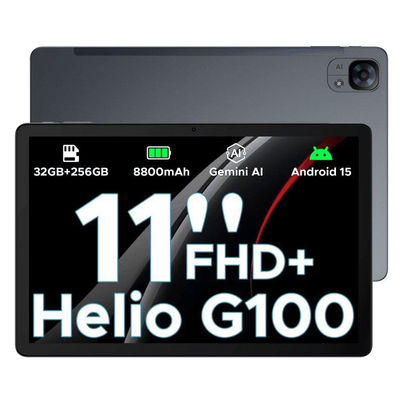 DOOGEE Tab E3 Android 15 AI-tablet, 32 GB RAM + 256 GB opslag/2 TB, 11 inch FHD+ en 90 Hz, Helio G100 Gemini AI gaming-tablet, 8800 mAh batterij, 7,5 mm ultradun metalen behuizing, dual-SIM, 5G, wifi, GPS, Bluetooth 5.2, Face ID, grijs — afbeelding 1