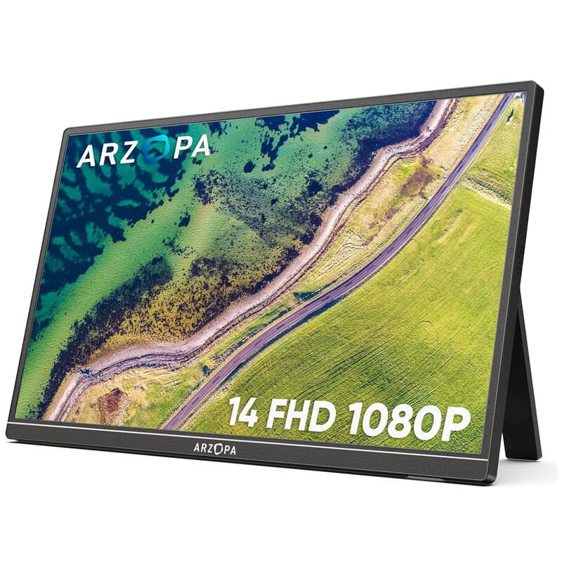 Arzopa A1S draagbare monitor, 14,0-inch ultradun FHD 1080P extern scherm met geïntegreerde kickstand en dubbele luidsprekers voor laptop, pc, telefoon, Xbox, PS4/5, Switch — afbeelding 1