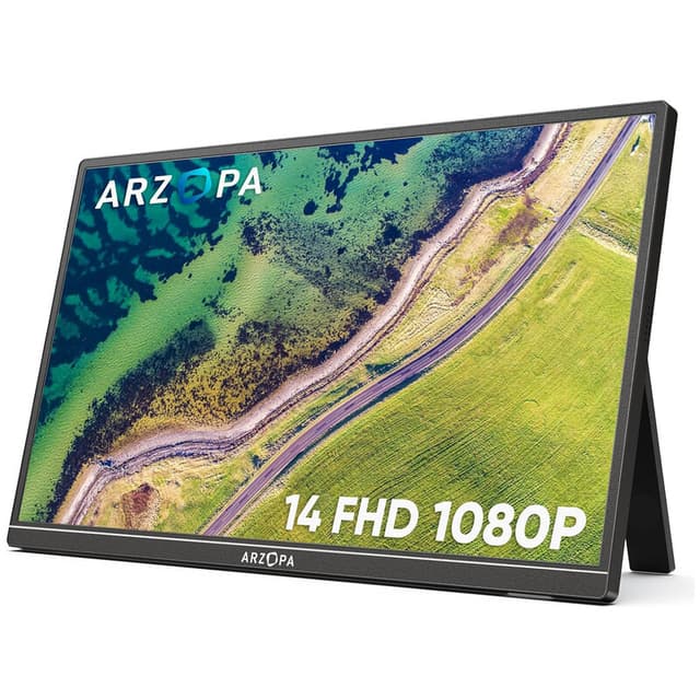 Arzopa A1S draagbare monitor, 14,0-inch ultradun FHD 1080P extern scherm met geïntegreerde kickstand en dubbele luidsprekers voor laptop, pc, telefoon, Xbox, PS4/5, Switch