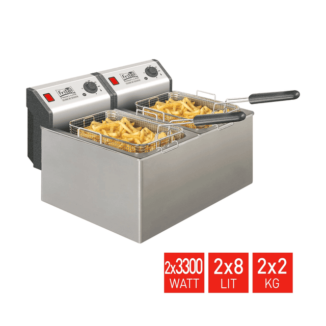FRITEL Friteuse Profi 4905 Duo - Professionele Dubbele Friteuse - 2x 8L - 2x 3300W - Stofdeksel - Geschikt voor Olie en Vast Vet