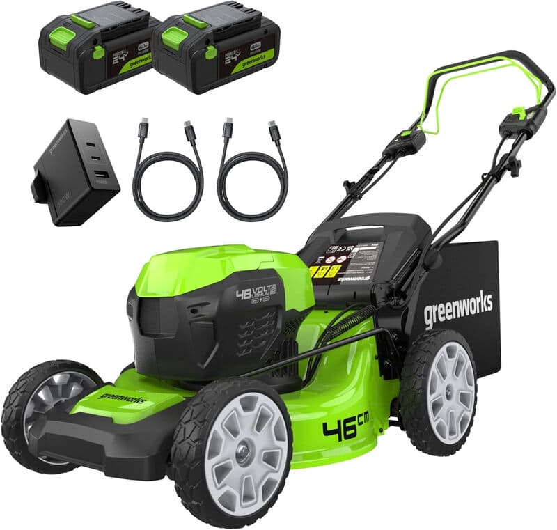 greenworks 48 V (2 x 24 V) zelfrijdende accu-grasmaaier voor grote gazons tot 480 m², 46 cm maaibreedte, 55 l opvangzak plus twee 4 Ah accu's en dubbele lader, 3 jaar garantie GD24 x 2LM46SPK4X — afbeelding 1