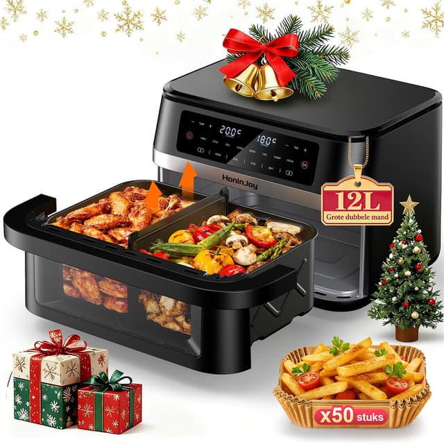 Tefal 12 liter grote heteluchtfriteuse met dubbele mand en flexibele mand, kijkvenster en 50 papieren inlegzakjes, 12-in-1 gezinsformaat met synchronisatie, dual-zone en verlichting, geschikt voor bakken, braden en opwarmen, vaatwasserbestendig