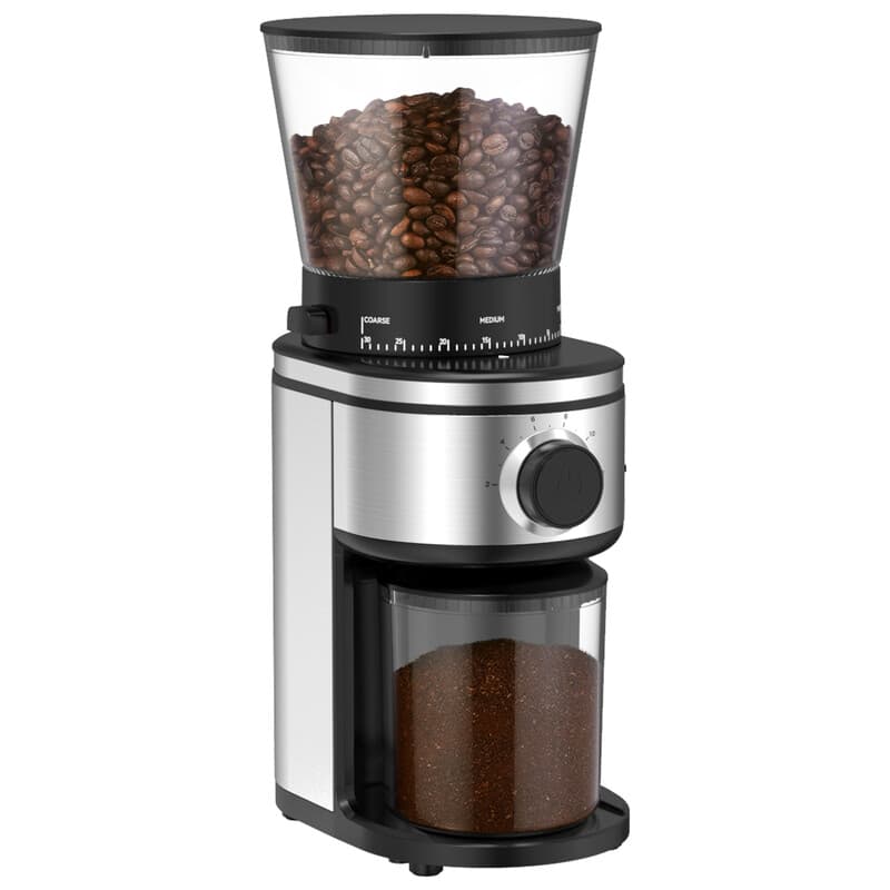 Ollygrin BG702 elektrische koffiemolen met kegelvormig maalwerk, 30 instelbare maalstanden, geschikt voor 2-12 kopjes, zilver & zwart — afbeelding 1