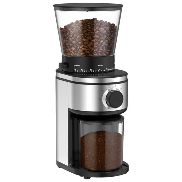 Ollygrin BG702 elektrische koffiemolen met kegelvormig maalwerk, 30 instelbare maalstanden, geschikt voor 2-12 kopjes, zilver & zwart