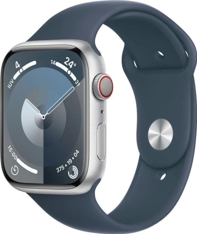 Apple Watch Series 9 GPS + mobiele data 45 mm zilverkleurige aluminium kast met Storm Blue sportband - S/M — afbeelding 1