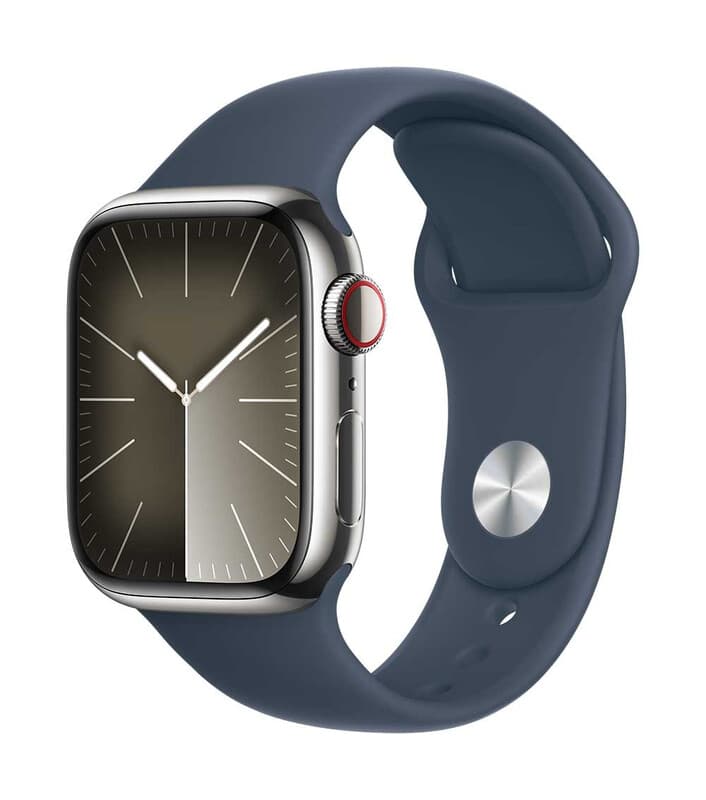 Apple Watch Series 9 GPS + mobiel 45 mm zilverkleurige roestvrijstalen behuizing met stormblauwe sportband - S/M — afbeelding 1