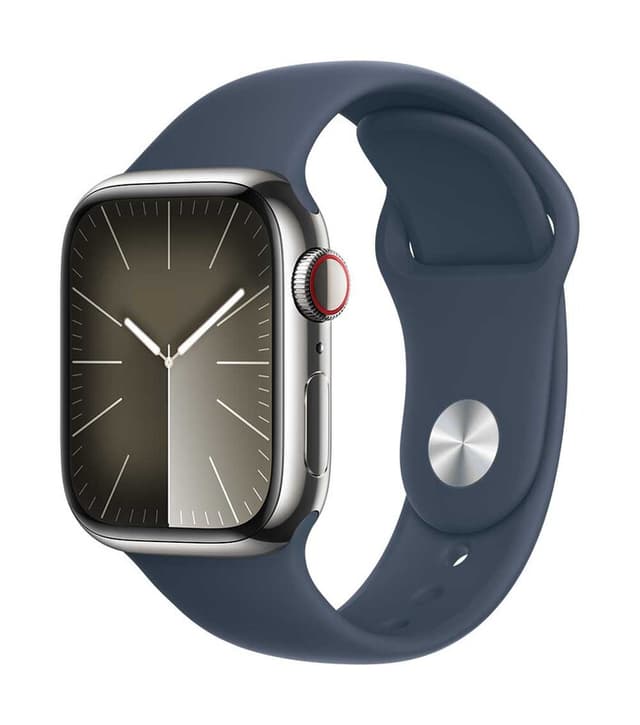 Apple Watch Series 9 GPS + mobiel 45 mm zilverkleurige roestvrijstalen behuizing met stormblauwe sportband - S/M