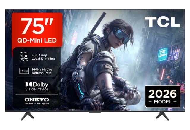 TCL 75T8D 75 inch QLED met QD-Mini LED Dimming 4K HDR Ultra HD TV, Smart Google TV (Dolby Vision, HDR10+ & Atmos, 144 Hz VRR, FreeSync Premium, Onkyo 2.1 geluid, Game Master, spraakbesturing)