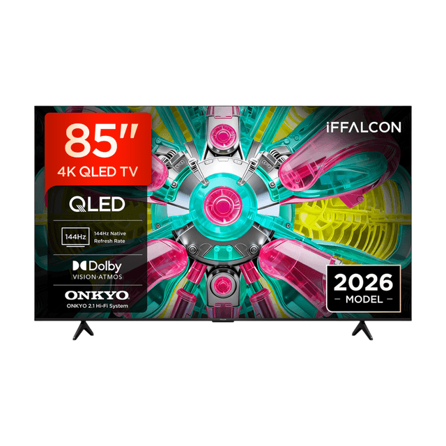 iFFALCON 85U75A 85" 4K QLED, HDR, Google TV, Dolby Vision, HDR10+ & Atmos, 144Hz VRR, FreeSync Premium, Onkyo 2.1-geluid, Game Master, spraakbesturing, Google Assistant, Google Cast, AirPlay 2