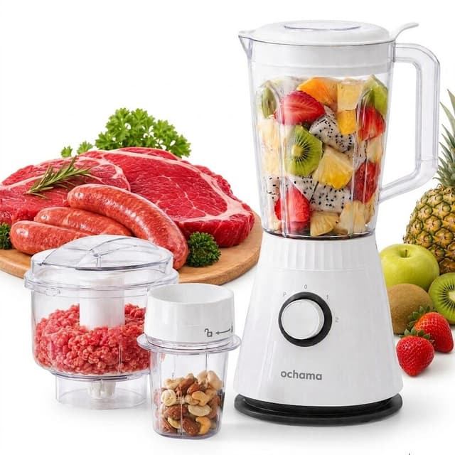 Ochama Multifunctionele Blender 600 W, 1,5 L Compacte Elektrische Smoothie Maker voor Thuis, 3 Snelheden, IJs Vergruizen, Vleeshakmolen, Kruidenmolen, Babyvoeding, Sap, Eenvoudig te Reinigen