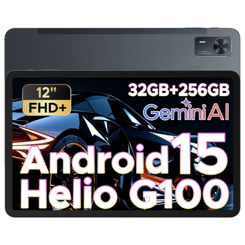 DOOGEE Tab E3+ Android 15 tablet, 12 inch FHD+, met simkaartsleuvel, Helio G100 octa-core AI, 90 Hz gaming, 32GB+256GB/2TB, 8800mAh, 7,5 mm ultradun, vierkanaals-speakers, Face ID, grijs — afbeelding 1