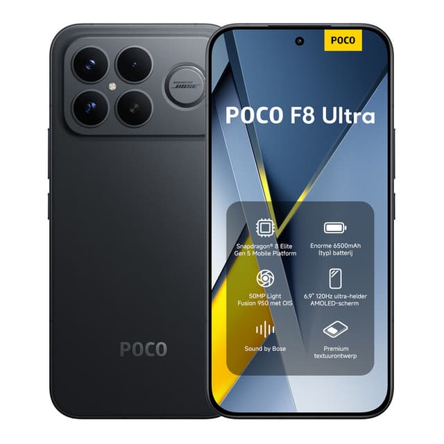 POCO F8 Ultra Zwart 12 GB RAM 256 GB ROM, 6,9 inch AMOLED-scherm 120 Hz, 50 MP Light Fusion 950 Camera met OIS, Bose-gesigneerd geluid, 6500 mAh batterij, Origineel met officiële garantie eSIM, Dual SIM, NFC