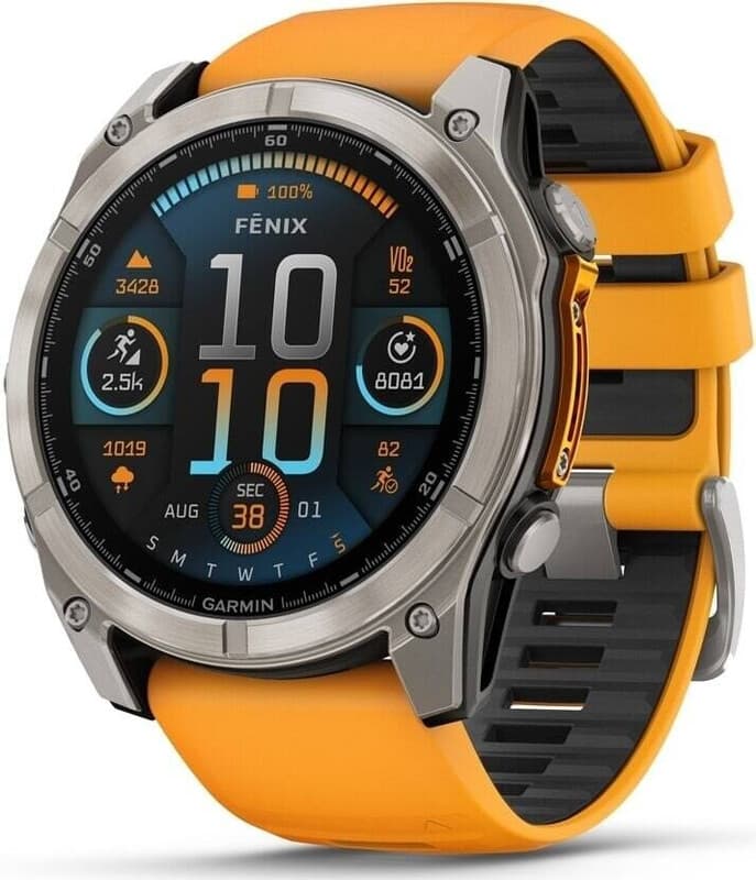 GARMIN Fenix 8 – 51 mm AMOLED Saffier Titanium Smartwatch - Oranje Siliconen Band — afbeelding 1