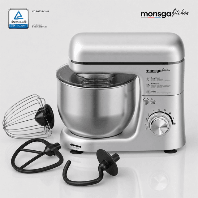 MONSGA SM100 keukenmachine, 1000 W piekvermogen, zwart/zilver, 5,0 L roestvrijstalen mengkom, stil, met garde, super antiaanbak teflon deeghaak (260 °C hittebestendig), garde opzetstuk & spatbescherming, 8 snelheidsstanden