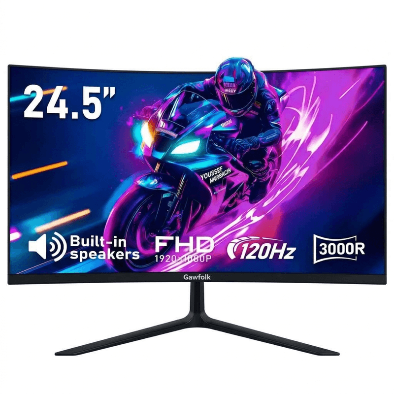 Gawfolk 24,5 inch 1K FHD gebogen monitor, 120 Hz verversingsfrequentie, 1 ms (MPRT) reactietijd, 3000R immersieve kromming, ingebouwde luidsprekers, AMD FreeSync, TÜV oogbescherming, antireflectie, lage invoervertraging, HDMI, VESA-montage 75 x 75 mm, str — afbeelding 1