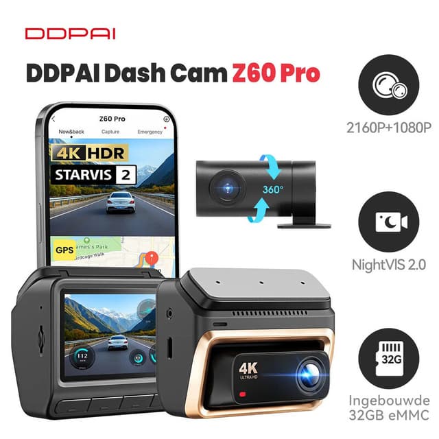 DDPAI Z60 Pro 4K Dashcam 3 inch Auto DVR Voor- en Achtercamera STARVIS 2 IMX678 60 FPS HDR Ingebouwde 32 GB eMMC AI-ISP Nachtzicht 5 GHz WiFi GPS Ondersteunt 24 Uur Parkeermodus - 2 Kanalen